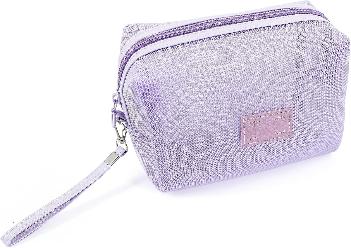 Mesh Makeup Bag,Cosmetic Bag,Small Travel Kit Storage Pouch Clear Portable Toiletry Bags Set for Women Girl (Purple)