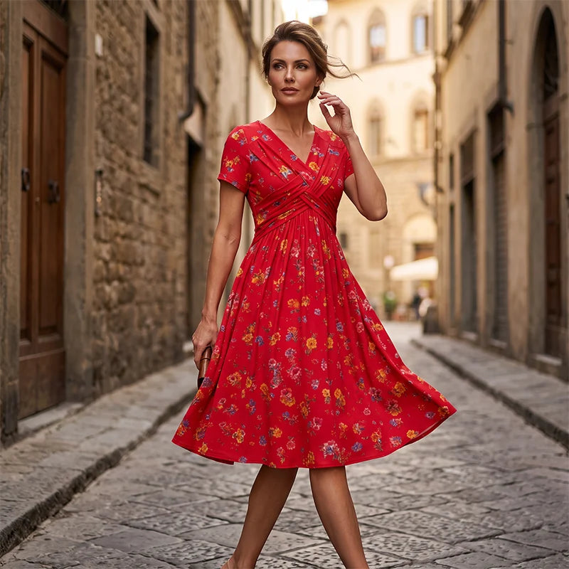 🌺Women’s V-Neck Floral Print Dress – Twist Waist & Flattering Fit