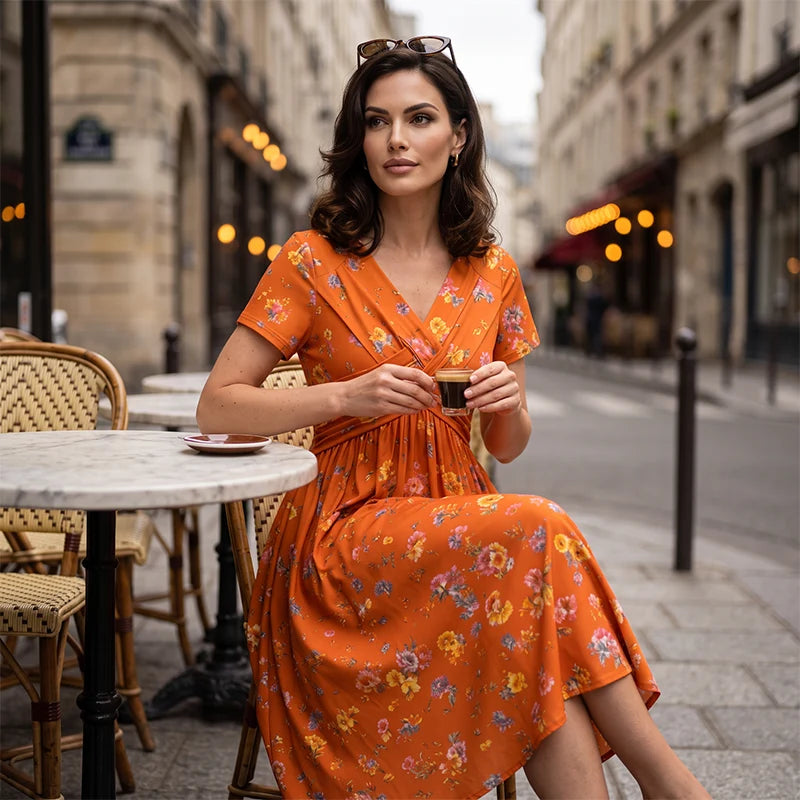🌺Women’s V-Neck Floral Print Dress – Twist Waist & Flattering Fit