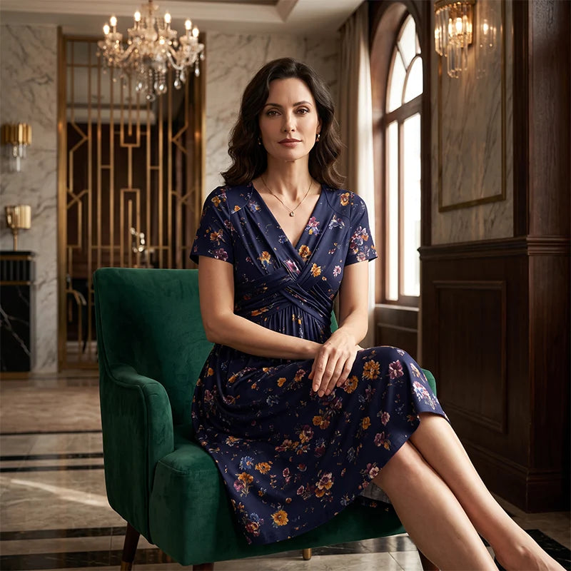 🌺Women’s V-Neck Floral Print Dress – Twist Waist & Flattering Fit