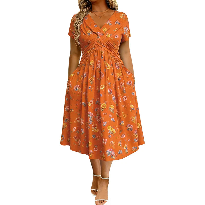 🌺Women’s V-Neck Floral Print Dress – Twist Waist & Flattering Fit