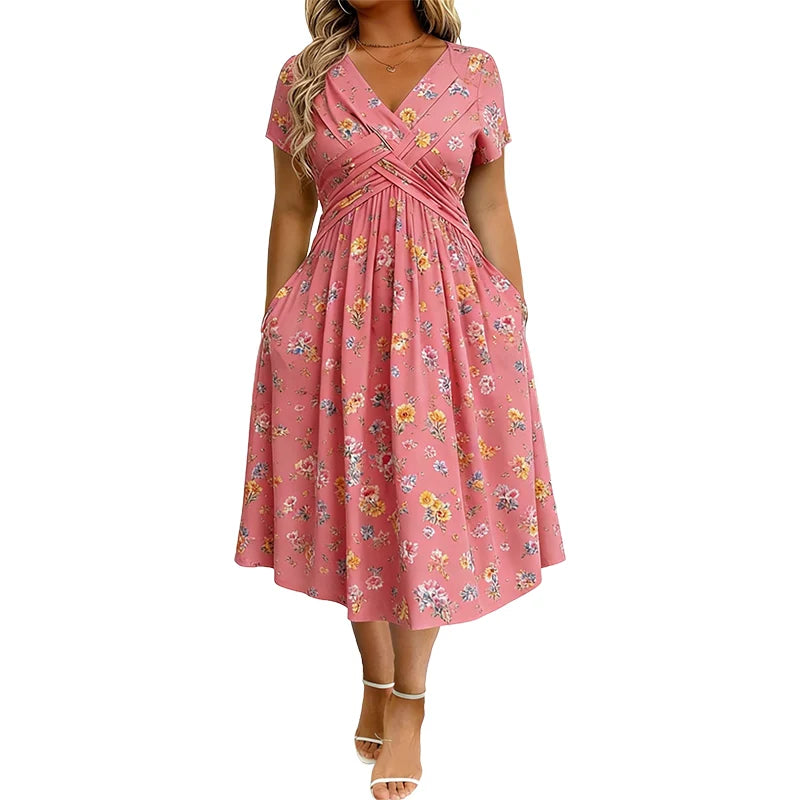 🌺Women’s V-Neck Floral Print Dress – Twist Waist & Flattering Fit