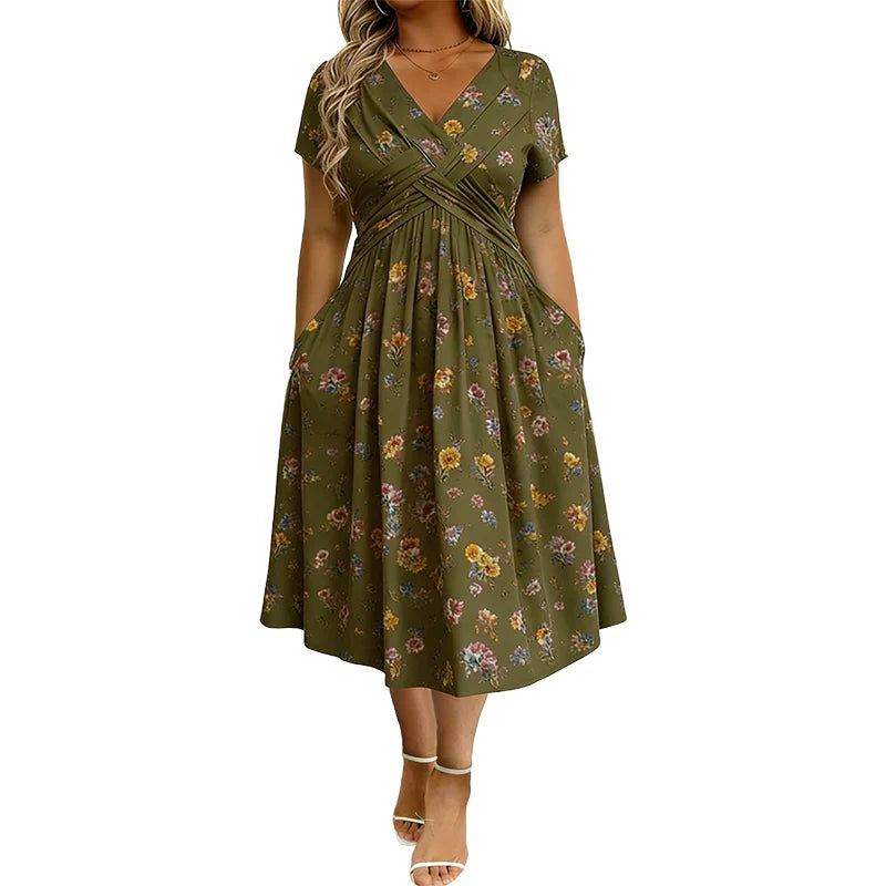 🌺Women’s V-Neck Floral Print Dress – Twist Waist & Flattering Fit