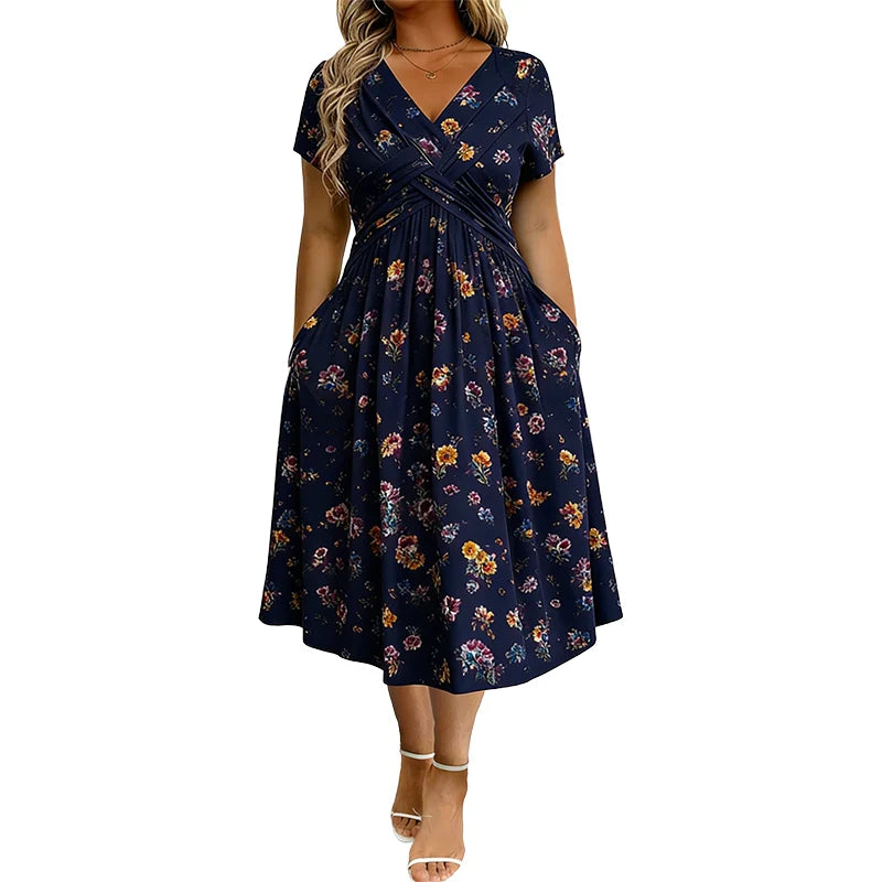 🌺Women’s V-Neck Floral Print Dress – Twist Waist & Flattering Fit